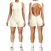 Litthing Women Short Jumpsuit Backless Scrunch Butt Workout Rompers V Back Yoga One Piece Unitards Sleeveless Gym Bodycon