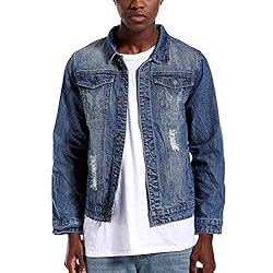 LAMKUKU Mens Denim Jacket Ripped Slim Jean Jacket