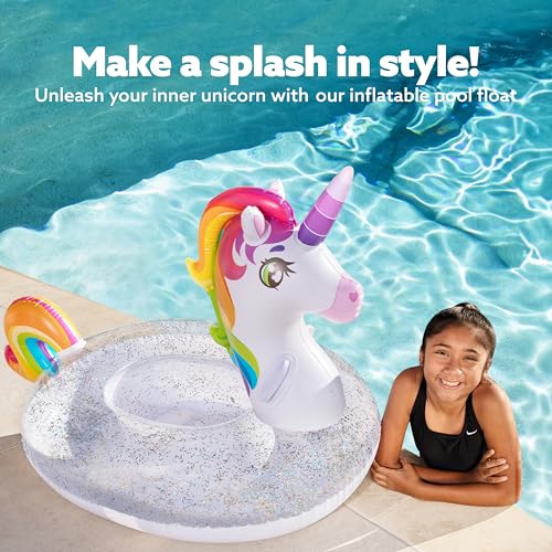 JOYIN Unicorn Pool Float Kids - Inflatable Rainbow Unicorn Floaty with Glitters Fun Pool Floats, Ride On Unicorn Beach Lake Floaties Raft Lounge, Party in Summer Decorations Pool Toys for Kids