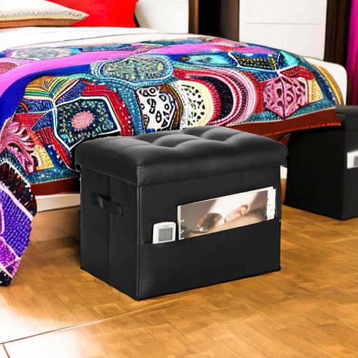 BelugaHelper Storage Ottoman Foot Rest Stool with Thicker Foam Padded Seat. Foldable Leather Footstool Bench. Small Ottoman with Storage for Living Room Bedroom Coffee Table 350 lbs, 17x13x13in, Black - Image 5