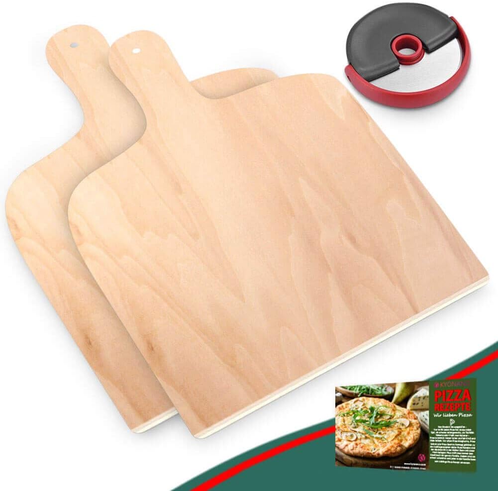 KYONANO Pizzaschaufel, 2 Pizzaschieber Holz + 1 Pizzaschneider Edelstahl, Pizzabrett aus Birkenholz, 30X42cm Brotschieber, Pizzaheber für Pizzastein(3er Set)