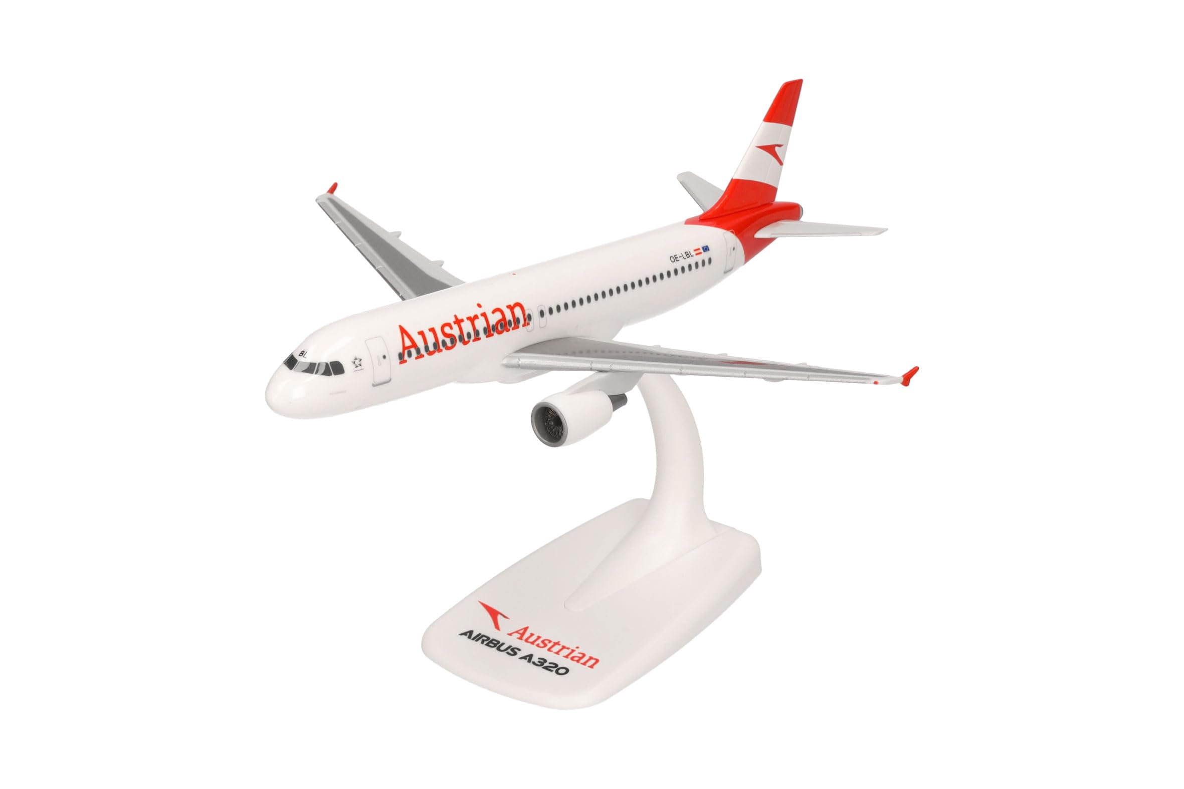 Herpa Snap-Fit airplane model Austrian Airlines Airbus A320 – OE-LBL Ausseerland” on scale of 1:200, plastic miniature with pedastal, model building, collectors edition