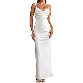 EYNMIN Women's Satin Spaghetti Strap Maxi Dress Lace Cowl Neck Backless Bodycon Long Cocktail Wedding Guest Dresses
