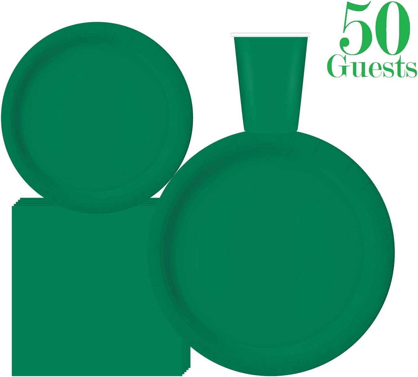 Serves 50 | Complete Party Pack | Green | 9" Dinner Paper Plates | 7" Dessert Paper Plates | 9 oz Cups | 3 Ply Napkins | office parties, birthday parties, festivals, Green Party Theme