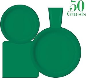 Serves 50 | Complete Party Pack | Green | 9" Dinner Paper Plates | 7" Dessert Paper Plates | 9 oz Cups | 3 Ply Napkins | office parties, birthday parties, festivals, Green Party Theme