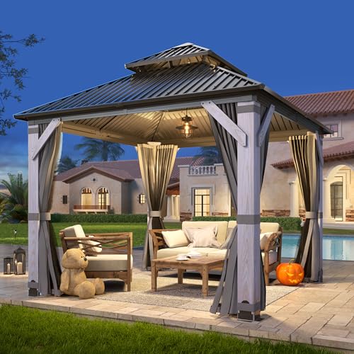 COVERONICS 8.5' x 8.5' Outdoor Wooden Gazebo - Permanent Wood Hardtop Gazebo Pavilion with Double Curtains, Galvanized Steel Roof Cedar Wood Gazebos for Garden, Lawn, Poolside, Backyard Deck