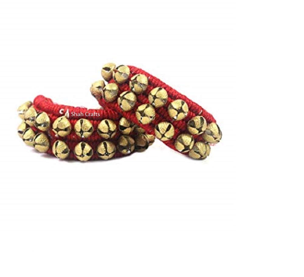Kathak Dancing Ghungroo Ankle Bells /Music Anklet Pair, Indian Classical Dancers Musical Instrument 2 Row Tied with Cotton Red Pad Red 20 + 20 Bells