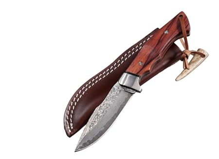 PARFORCE Jagdmesser Damast Milan Griff aus Makassar-Ebenholz inklusive Lederscheide und Geschenkbox