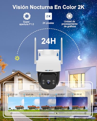 GENBOLT 4G LTE Camara Seguridad Exterior Solar Inalámbrica Sin WiFi, 24/7 Grabación AOV, 15600mAh Batería 8W Panel Solar,2K Camara Vigilancia 4G, con SIM, Apertura F1.0, Detección IA 90 Pies