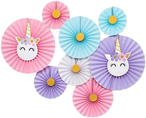 8PCS Unicorn Paper Fans Unicorn Hanging Party Fans for Unicorn Birthday Party Baby Shower Valentine's Day Girls Party Decorations