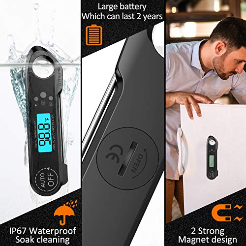 Meat Thermometer,Cuteadoy IP67 Waterproof Fast Folding Digital Instant Read Thermometer BBQ Thermometer with Calibration and Backlit Function Cooking Thermometer for Food,Milk,Grill,Bath (Black)