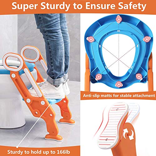 Potty Training Toilet Seat with Step Stool Ladder for Boy and Girl Baby Toddler Kid Children Toilet Training Seat Chair with Padded Seat Non-Slip Wide Step (Blue Orange Upgrade)