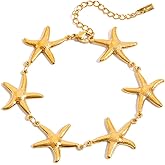 18K Gold Plated Starfish Charm Bracelet for Women Stainless Steel Vintage Fashion Sea Star Adjustable Link Chain Bracelets Delicate Ocean Theme Summer Beach Trendy Jewelry