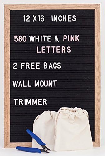 Felt Letter Board, 12 x 16 inches, Oak Frame, 2 Sets of 290 Letters, Numbers and Punctuation in White and Light Pink, Scissors and 2 Bonus Cotton Bag