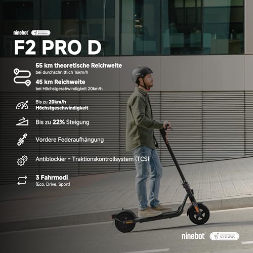 Segway-Ninebot F2 Pro D, E-Scooter mit Straßenzulassung für Erwachsene, max. 20 km/h Geschwindigkeit, 55 km Reichweite, Lange Reichweite 2