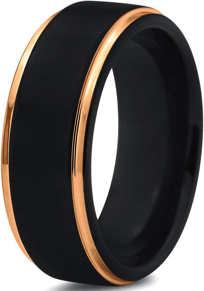 Tungsten Wedding Band Ring 8mm for Men Women 18k Yellow Gold Plated Step Edge Black Brushed Polished
