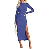 MIROL Women's 2026 Spring Fall Long Sleeve Maxi Dress Mock Neck Slit Ruched Business Casual Wedding Guest Cocktail Dresses