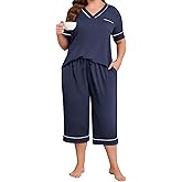 Lastshe Plus Size Womens Pajama Set 2 Piece V Neck Short Sleeve Capri Pants Loungewear Pjs Lounge Set Knit Soft with Pockets