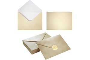 HOMTABLE 50 Pieces Shiny Envelopes with Gold Stickers for Wedding Invitation Cards, Graduation, Baby Shower, Greeting Cards (Cream Color, A7, 5x7)
