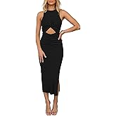 HUUSA Women's Sexy Sleeveless Cut Out Slim Bodycon Dress Crewneck Crisscross Twist Ruched Slit Ribbed Knit Tank Midi Dress
