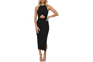 HUUSA Women's Sexy Sleeveless Cut Out Slim Bodycon Dress Crewneck Crisscross Twist Ruched Slit Ribbed Knit Tank Midi Dress