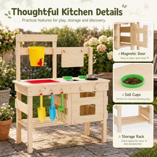 Wooden Outdoor Mud Kitchen for Kids, Waterproof Solid Wood Play Kitchen with Removable Faucet, Sink, Cutting Board, Toy Pots, Soil Cups, Magnetic Door and Storage Shelf