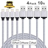 iPhone Charger, EverDigi 4Pack 10FT Premium Lightning to USB Cable 8 Pin Nylon Braided Charging Cable Cord for iPhone 7/7 Plus/6/6s/6 plus/6s plus/iPhone 5/5s/5c/SE/iPad/iPod and More(white)