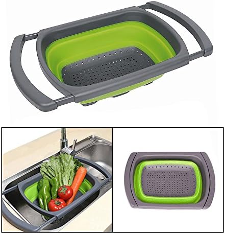 Fihco Collapsible Kitchen Colander/Strainer with Extendable Handles, 6-quart Capacity Over the Sink Colander, Folding Strainer for Draining Fruit &amp; Pasta &amp; Vegetable [Green]