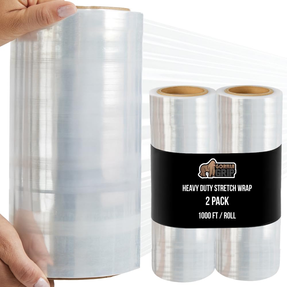GORILLA GRIP 500% Stretch Film Heavy Duty Plastic, 2 Pack 1000ft Shrink Wrap Rolls 10" Puncture Resistant, Industrial Strength for Pallet Storing, Wrapping, Moving, Packing Furniture Protection Clear Image