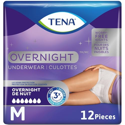 TENA Adult Incontinence, Discrete Disposable, Underwear, Comfortable Fit, Overnight Protection, Unisex, Medium (M), 12 Count