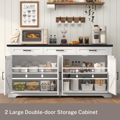 FIONESO 55”W Buffet Cabinet with 3 Large Drawers & 2 Adjustable Shelves, Farmhouse Sideboard Cabinet, Coffee Bar, TV Stand, for Kitchen,Living Room, White,40×140×80CM