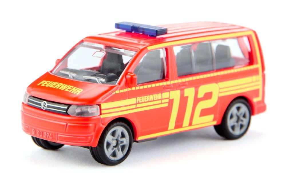 Siku 1547, VW T5 Feuerwehr Einsatzleitung, Metall/Kunststoff, Rot/Gelb, Spielzeugauto für Kinder, Heckklappe zum Öffnen, Anhängerkupplung 2