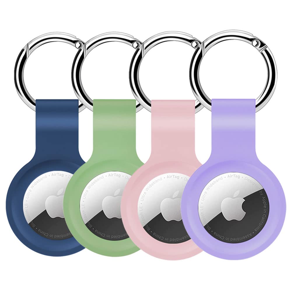 Alsukeay 4 Pack Holder Case for AirTag with Keychain Silicone Protective Skin Cover with Loop Key Ring Compatible with Air Tag Tracker Wallet Backpacks Luggage Dog Cat Pets (Blue/Green/Pink/Purple)