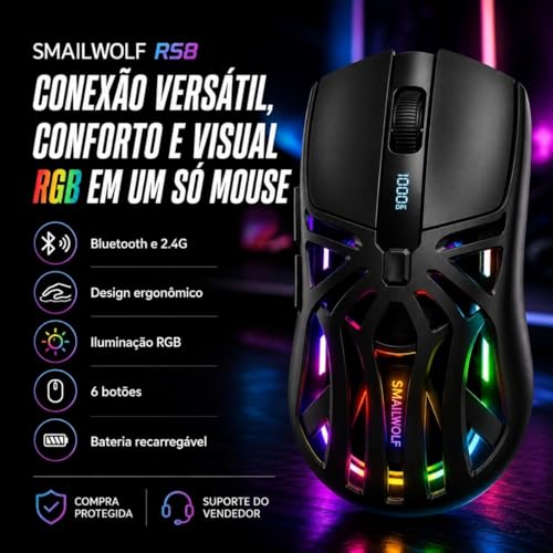Mouse Gamer Sem Fio RS8 RGB Bluetooth 2.4G Recarregável 10000 DPI Design Ergonômico 6 Botões Para PC Notebook