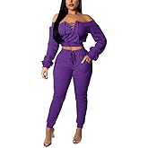 acelyn Sexy 2 Piece Outfits for Women Off Shoulder Lace Up Long Sleeve Crop Top Pants Sets Tracksuit Casual Sweatsuit