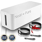Large Cable Management Box – Power Cord Cover Organizer for TV, Computer, Office + 2 Cable Ties and Cable Clips for Maximum Safety and Organization – Seamlessly Fits Next to Wall or Desk by Neat&Pure