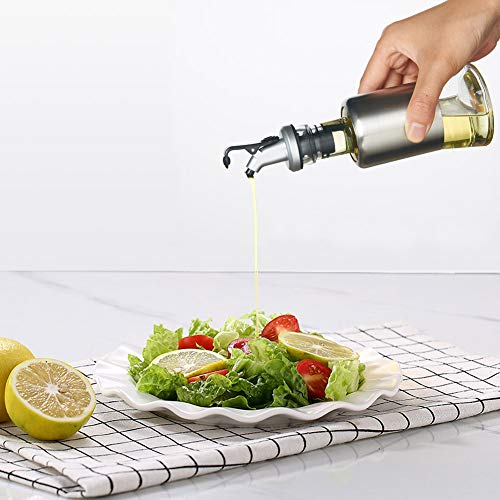 FARI Stainless Steel Olive Oil Dispenser Bottle, 7oz Glass Cooking Oil & Vinegar Cruet for Kitchen and BBQ