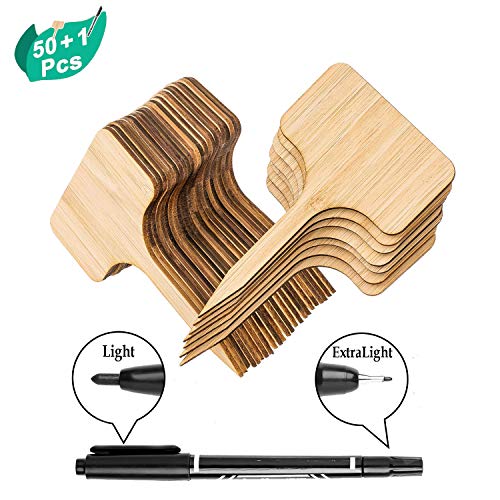 OupsTech 50pcs Bamboo Plant Labels (T-Type) with a Marker Pen, Garden Markers, Plant Tags, Wooden Plant Sign, Gardening Accessories, Garden Markers for Seed Potted Herbs Flowers Vegetables (6 x 10 cm)