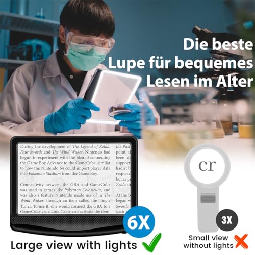 6 x Magnifying Glass with Light, Reading Magnifier for Seniors, Large, Rechargeable Dimmable LED Handheld Magnifier, Lightweight Book Magnifier for Reading Newspapers, Small Print, Ideal Magnifying