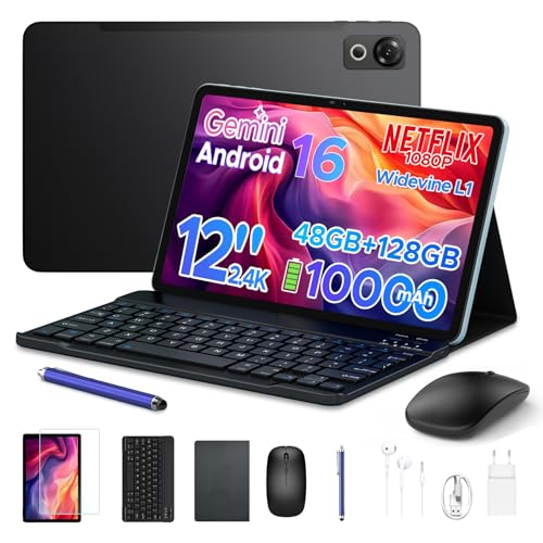 Luzglo P12 Android 16 Tablette 12 Pouces, 48Go RAM+128Go ROM/2To TF, T7280 Octa-Core, IPS 2.4K, 120Hz, 10000mAh/18W, WiFi5, 8MP+13MP, Gemini AI, Tablette avec Clavier, Face ID/OTG/GPS/FM