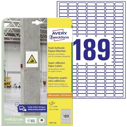 Avery Zweckform L7871 - 20 x A4 Paper Labels 3.780 Sheets Extra Strong 25.4 x 10 mm 20 Sheets White
