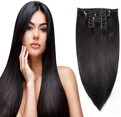 Uya hair Human Hair Clip In Hair Extensions 120 Grams 24Inch Brazilian Virgin Human Hair Clip On extensions Double Weft 7Pieces/lot With 16Clips (24"-120g,Natural Black #1B)