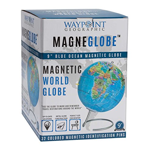 Waypoint Geographic Magneglobe Magnetic UP-TO-DATE World Globe with Stand - Includes 32 Magnetic Pins For Marking Travels & Fun Points Of Interest (Blue Ocean)