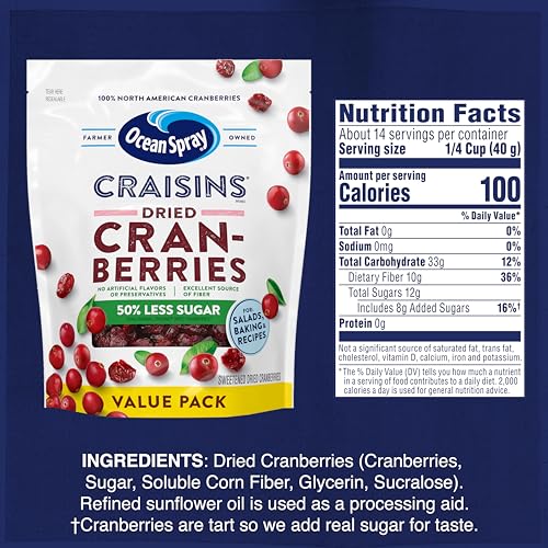 OCEAN SPRAY® CRAISINS®, 50% LESS SUGAR DRIED CRANBERRIES, DRIED FRUIT, 20 OZ POUCH
