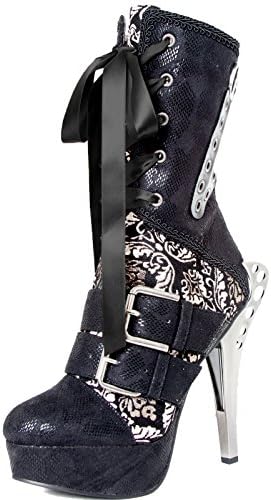 HADES Mid Calf Steampunk Textile Boot Victorian Pattern Satin Lace LORREIN Black-6