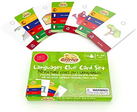 Gotrovo Treasure Hunt Languages Clue Cards Expansion Pack For Use Original or Travel/Mini - 70 Picture and Word Clues in Spanish, French, German, Italian and English