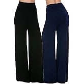 Superline Wide Leg High Fold Over Waist Palazzo Pants (Large, 2 Pack: Black & Navy)
