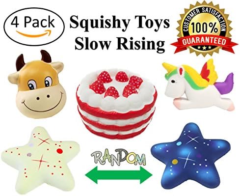 4 Large Pcs Soft Slow Rising Squishy Toys Jumbo Cute Animal Cattle Cow Unicorn Star Galaxy Red Strawberry Cream Cake Squishies Kawaii Squishy Toys for Kids and Adults
