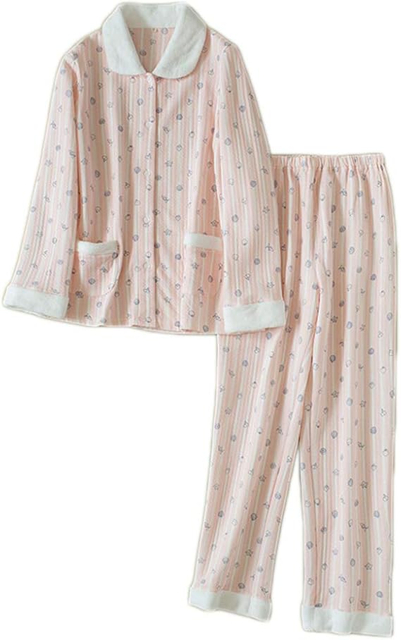 Amazon ルームウェア ナイトウェア 秋冬 パジャマ 綿100 綿入れ 暖かい ふんわり 高い保温性 レディース 長袖 長ズボン 上下セット ラペル 前開き ボタン ポケット付き 可愛い 女の子 オシャレ カジュアル パジャマ ルームウェアセット 通販