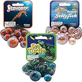 Mega Marbles 3 Pack - Jellyfish, Sea Turtle, & Seahorse Game Nets - Includes 1 Shooter Marble & 24 Player Marbles Per Net
